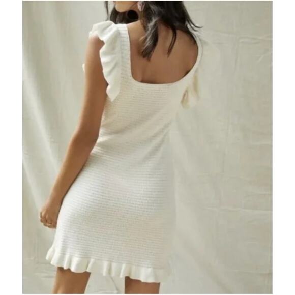 Anthropologie Ruffled Pointelle Knit Mini Dress Square Neck Ivory Cream Womens S - Picture 2 of 11